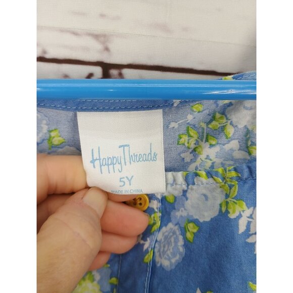 Floral Blue Girls Dress By HappyThreads 5Y With Button Details & Ruffles - Picture 6 of 6
